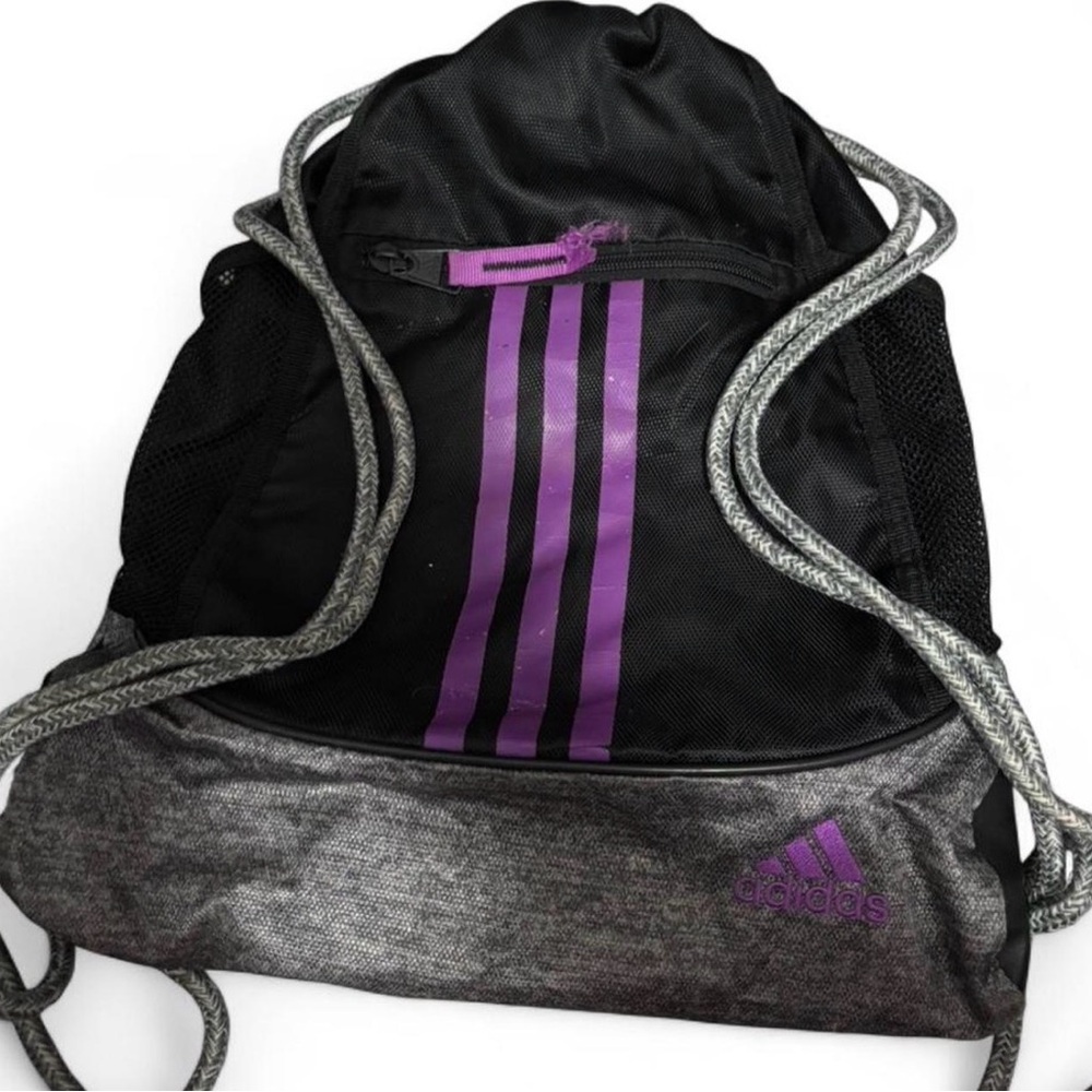Adidas black and purple gym drawstring bag
